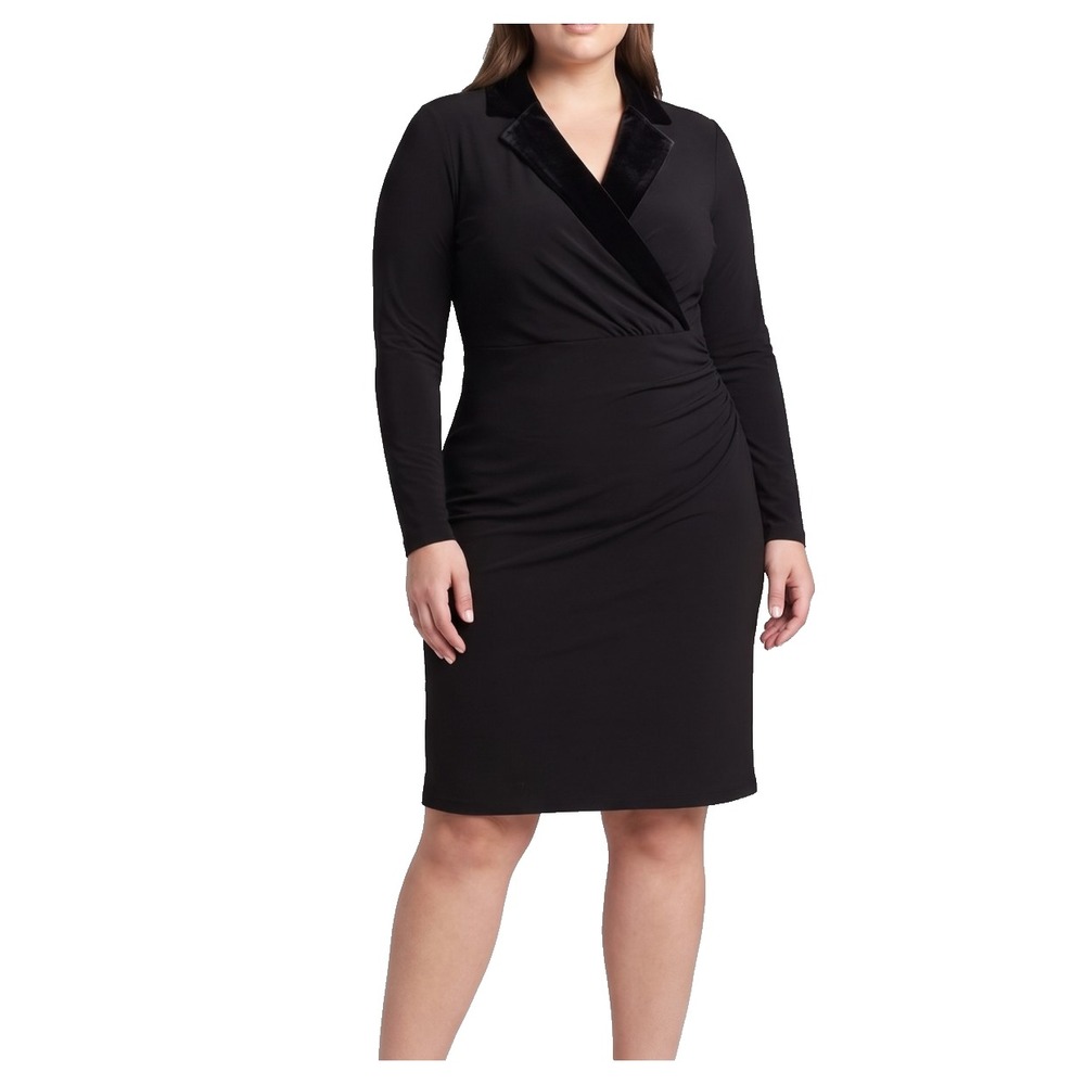 Lauren Ralph Lauren 16 Black Velvet Lapel Tuxedo Dress Ruched Sheath Stretch EUC